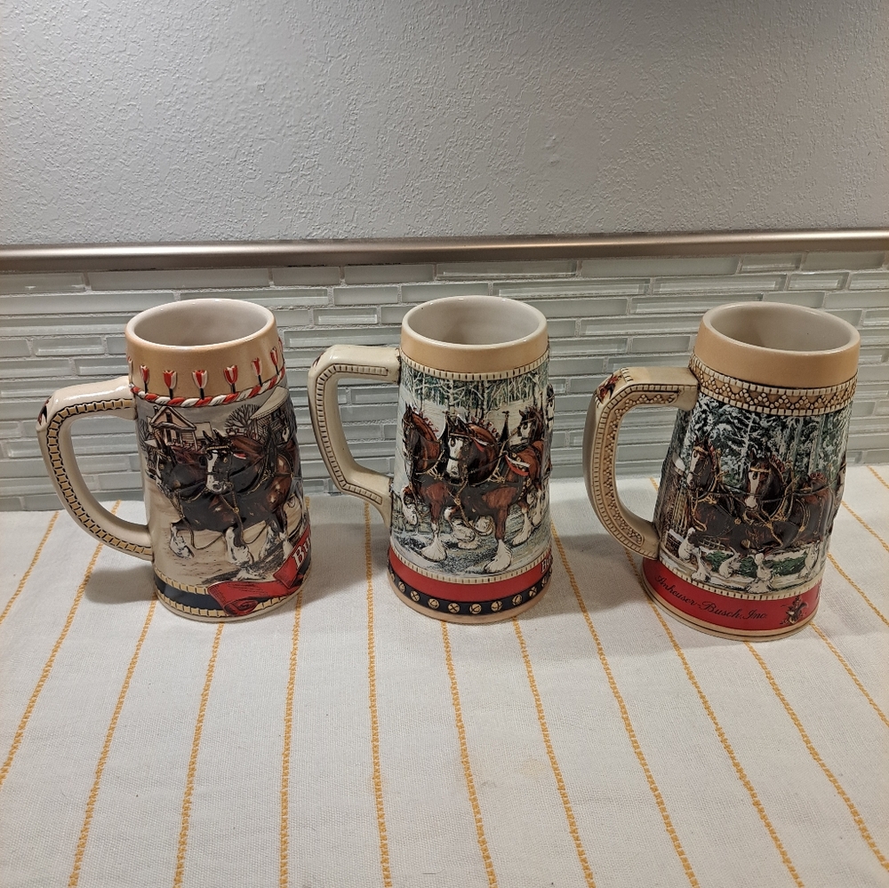 3 Vintage Budweiser Holiday Collector's Series Beer Steins featuring Clydesdales